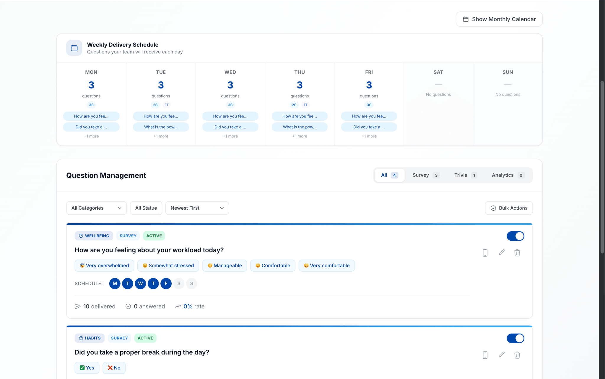 WellSpring Vision Hub — daily questions management with delivery scheduling